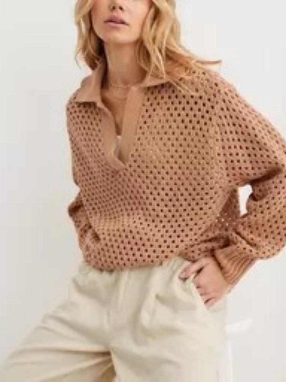 Aerie Open Knit Polo Sweater in Beach Dune Tan Size Medium